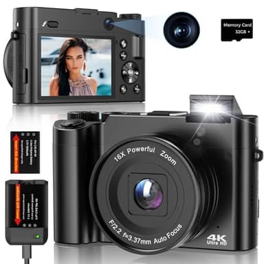Cámara Digital 64MP 4K Cámara de Fotos Compacta con Doble Lente Frontal y Trasera, Zoom 16X, Pantalla IPS de 3", Tarjeta de 32GB, Webcam y Función Vlog, Ideal para Principiantes y Adolescentes