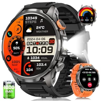 2025 Reloj Inteligente Hombre con LED Linterna, 1000mAh/5ATM Impermeable/1.91" AMOLED Militar Smartwatch con Llamadas, 113 Modos Deportivos/24H Pulsómetro/Sueño/Podómetro Pulsera Actividad Android iOS