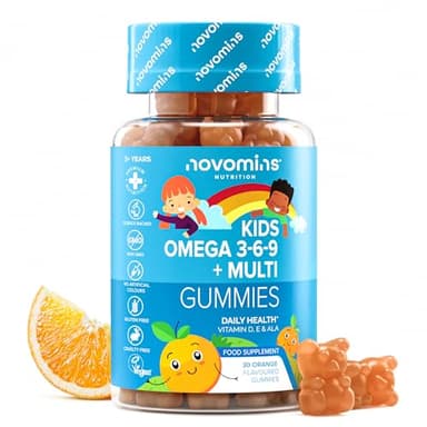 Gominolas Omega 3 6 9 para Niños - 50 mg ALA con Vitaminas D y E - 30 Gominolas - Ácidos Grasos Veganos y Sin Gluten - Alternativa a Omega 3 Cápsulas para Niños - Sabor Naranja - Novomins