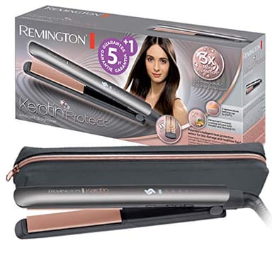 Remington Plancha Pelo 150-230 °C, sensor inteligente de protección contra el calor Keratin Protect 5 ajustes, calentamiento rápido, cerámica con queratina y aceite de almendras S8598
