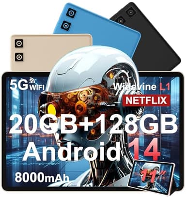 Tablet 11 Pulgadas Android 14 con 8000 mAh + Carga Rápida 18W, 13MP + 5MP, 20GB RAM + 128GB ROM (Ampliable a 1TB), Tablets con Widevine L1, 5G Wi-Fi, GPS, 8 Cores 2.0 GHz, Face ID, Bluetooth 5.0, Oro