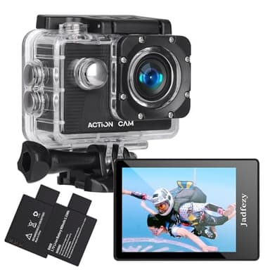 Jadfezy Cámara Deportiva HD 1080P, Cámara subacuática 30M con 140 Grados Gran Angular, Cámara de acción 2 baterías Recargables de 900mAh y Kit de Accesorios (FHD 1080P)