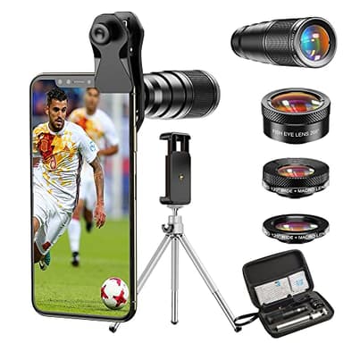 Apexel Lentes para móviles 22X Lente de teleobjetivo+Lente Macro 25X+Lente Gran Angular 120 °+205 ° Fisheye Kit de Lente de teléfono con trípode para iPhone 11 Pro Huawei P30