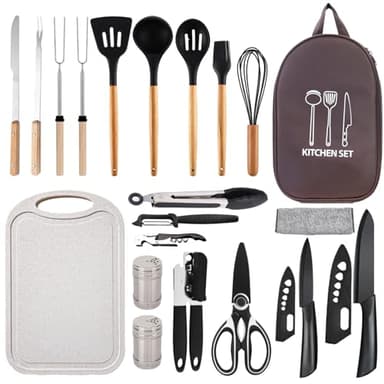 Pansyling Juego de cocina de silicona para camping con bolsa de almacenamiento, artículos esenciales para camping, accesorios de caravana, utensilios de cocina para picnic, senderismo, viajes