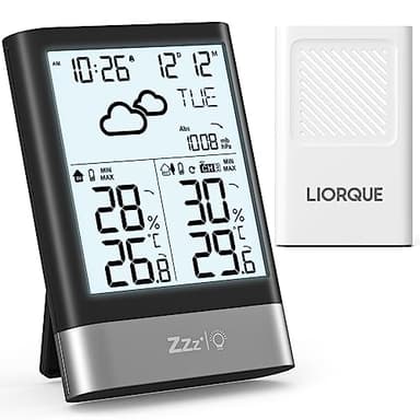 LIORQUE Estacion Meteorologica Interior Exterior, Estación Inalámbrica con Sensor Exterior, Pantalla de Retroiluminación LCD Temperatura Humedad Presión Fecha Previsión Meteorológica