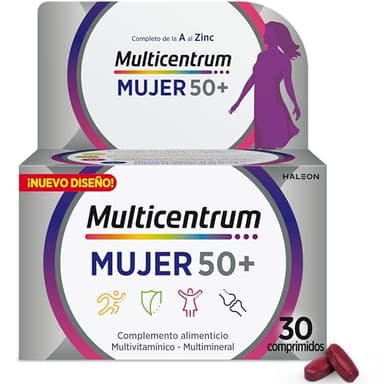 Multicentrum Mujer 50+ Complemento Alimenticio Multivitamínico y Multimineral para Mujeres 50+, Con Vitamina C y Zinc; Postmenopausia, Sin Gluten, 30 Comprimidos