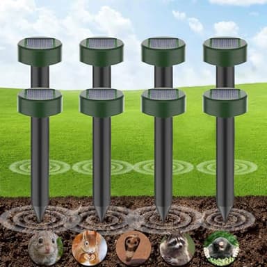 Ahuyentador de Ratas 8 Piezas, Repelente Ratas Ultrasonido Exterior, Ahuyentador de Topos y Ratones Solar, IP65 Impermeable, Anti Topos,Serpientes, Ratones