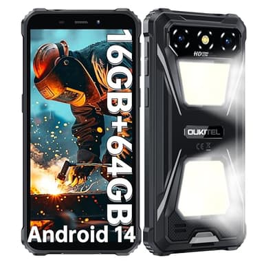 OUKITEL G5 Movil Irrompible Android 14-16GB+64GB (1TB TF) Móvil Rugerizado con Doble Luz de Camping, Batería 6300mAh, 6.0'' HD Pulgadas Smartphone, Cámara 13MP+5MP, Face ID, Dual 4G SIM/GPS, Nergo