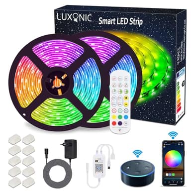 LUXONIC WIFI Tira de LED 10 m, impermeable RGB tiras de luces 5050 SMD, sincronización con música, banda LED controlada por aplicación de teléfono inteligente, funciona con Alexa, Google Home