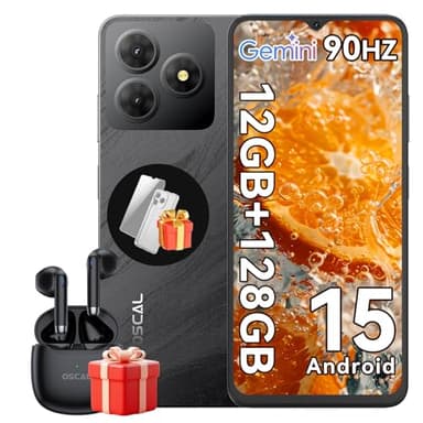 OSCAL Flat 2 6.56'' HD+ 90Hz Telefonos Moviles Libres, Android 15, 12GB+128GB/2TB TF Teléfono Móvil, 13MP+8MP Móvil, 5000mAh, Smartphone Triple 4G SIM GPS/Fingerprint/OTG/3.5mm Jack