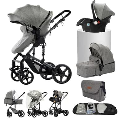 Carrito bebe 3 en 1, Capazo, Cochecito Deportivo y Silla de Coche, para Bebés de 0 a 36 Meses (Gris)