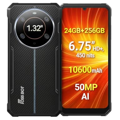 FOSSiBOT F109S Teléfono Resistente, 24GB+256GB, 6,75'' HD+ Pantalla, Innovadora Pantalla Trasera, Batería 10600mAh, 50MP IA Triple Cámara, IP68 Móvil Antigolpes, Android 15, Doble SIM NFC Negro