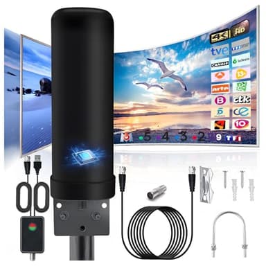 Antena TV Interior Exterior, IP66 Antirrayos Antena TV Potente Recepción de 360° con Amplificador y Cable Coaxial de 13M para DVB-T DVB-T2 1080P 4K DTMB VHF FM
