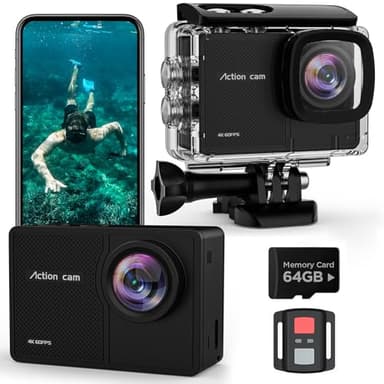 4K 60FPS Cámara Deportiva - 48MP WiFi Videocámara con Tarjeta SD 64G,170° EIS Cámara Acuática, Cámara Subacuática 40M, Cámara de Acción para Casco con Control Remoto, 2 * 1350mAh Baterías