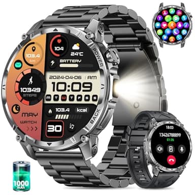 Reloj Inteligente Hombre 1,7'' pantalla táctil Smartwatch Hombre Linterna 100 Días de Batería Llamadas Bluetooth 120+ Modos Deportivos Pulsómetro Monitor de Sueño IP68 iOS Android (Acero Negro)