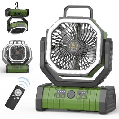 OUWANCH Ventilador de Camping 20000mAh con Luz LED - Ventilador de Escritorio con Cable USB,Portátil,Control Remoto, Gancho y 270° Rotación, para Exterior, Tienda, Hogar, Viaje, Pesca