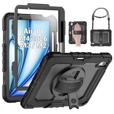 SEYMAC Funda para iPad Air 11 Pulgadas M4/M3/M2 (2026/2025/2024) - Funda con Protector de Pantalla, Soporte Giratorio de 360 Grados, Correa para el Hombro, Soporte para Lápiz - Negro
