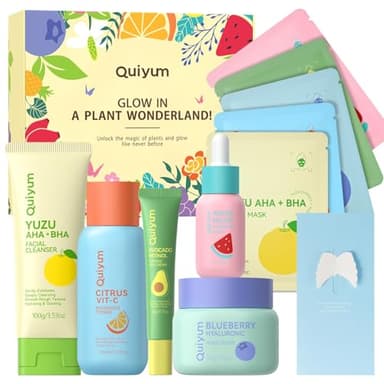 QUIYUM Kit Facial de Skincare con Frutas, Set de Regalo de Cuidado de la Piel de 10 Piezas para Mujeres y Adolescentes, Rutina Beauty con Hidratación Intensa y Luminosidad Natural