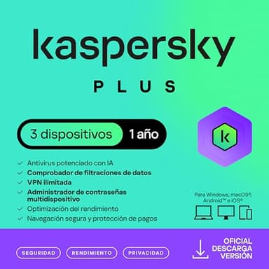Kaspersky Plus Internet Security 2025 | 3 Dispositivos | 1 año | Anti-Phishing y Firewall| VPN ilimitada | Gestor de contraseñas | Protección Bancaria en línea | PC/Mac/Móvil | Código por email