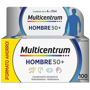 Multicentrum Hombre 50+ Complemento Alimenticio Multivitamínico y Multimineral Para Hombres 50+, Con Vitamina C, B, A, Sin Gluten, 100 Comprimidos