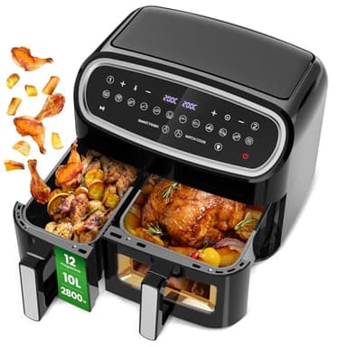 Gidgimo Freidora de Aire con Doble Cesta 10L Air Fryer, 12 Programas Automáticos, Pantalla Táctil Digital, 2800W Freidora Aire con Ventana, Max 10-12 Personas, Hasta 200 °C y 60 Min - G10 Pro