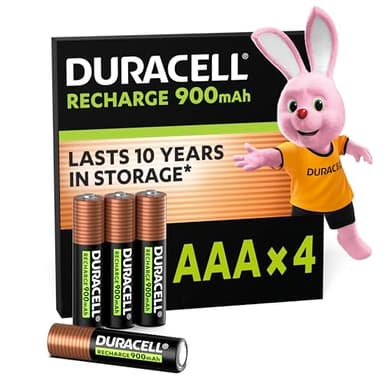 Duracell pilas recargables AAA (Paquete de 4), 900 mAh NiMH, precargadas, nuestras pilas recargables no. 1 en duración, con 0% plástico 100% embalaje reciclable