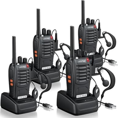 eSynic 4PCS Walkie Talkies de Larga Distancia con Auriculares Walkie-Talkie Profesional 16 Canales 1500mAh con Cargador USB Soporta VOX para Sobrevivir en el Campo Ciclisimo