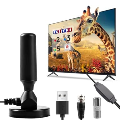 Antena TV Interior Potente con Amplificador de Señal 360° y Cable Coaxial de 3m, Antena Digital TDT para Televisión HD 4K Compatible con Smart-TV