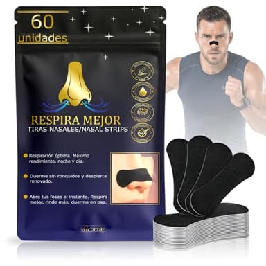 Pack 60 Tiras Nasales Deportivas Antironquidos para Dormir y Deporte, Nasal Strips con Máxima Adhesión, Dilatador Nasal Descongestionante para Respirar Mejor por la Nariz y Reducir Ronquidos