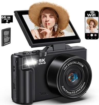 Camara de Fotos 5K 75MP Cámara Digital Fotografía con WiFi, Tarjeta de 64GB,Pantalla 3.0" con Rotación de 180° Selfie, Compacta Vlogging Camara Digital para Viajes, Youtube, Principiantes (Negra)