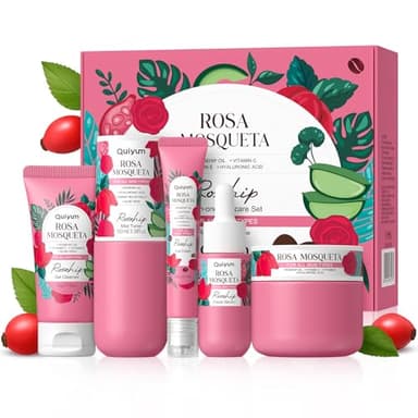 QUIYUM Set de cuidado facial con rosa mosqueta, 5 productos hidratantes con limpiador, tónico, sérum, contorno de ojos y crema hidratante, para mujeres, hombres y adolescentes