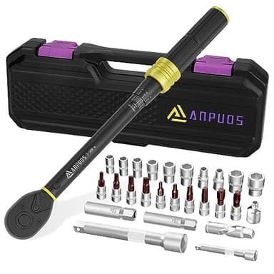 ANPUDS Llave Dinamométrica 3/8'', Llave de Torque 5-50Nm, Precisión de ±3%, 26 Piezas Juego Llaves Vaso con Extensión, Adaptador, Junta Universal, Vasos de Bujía, Bits, para Bicicleta, Moto, Coche