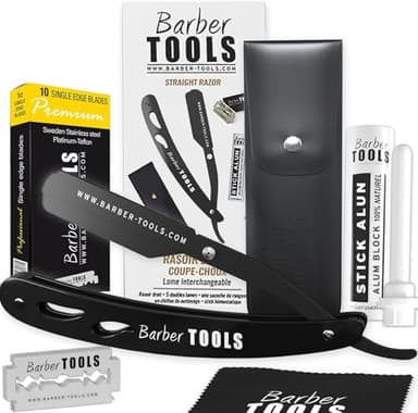 Afeitadora de barba para hombre/navaja de afeitar para barba - con piedra de alumbre, paño de pulido, estuche de almacenamiento, 5 hojas dobles - (navaja de barbero) - NEGRO - BARBER TOOLS