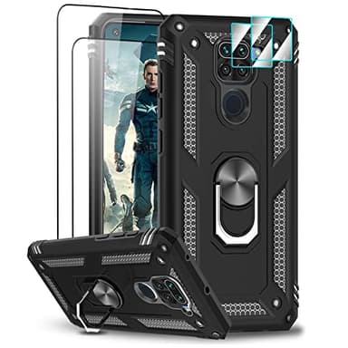LeYi - Carcasa para Xiaomi Redmi Note 9 con 2 Vidrio Templado y 2 Protectores de cámara, Anillo de Soporte Militar anticaída antigolpes rígida Armadura Funda para Xiaomi Redmi Note 9, Color Negro