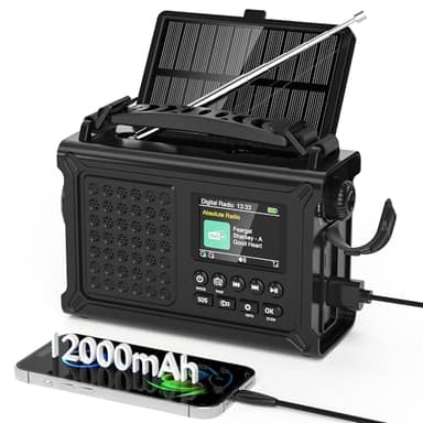 Emergencia Portátil con Manivela, Radio Digital Dab+/FM con Bluetooth 5.0, Radios Recargable con Panel Solar de 8500 mm², Linterna LED, Luz de Lectura, Alarma, Funciones de Reloj, Función de Carga USB