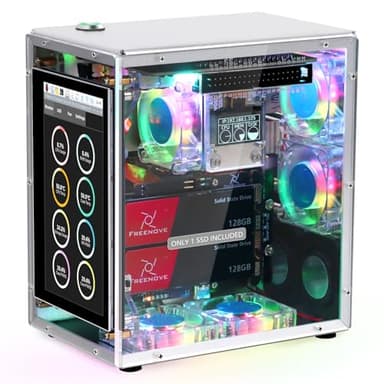 Freenove Raspberry Pi 5 NAS Case Kit (with 1x 128GB SSD), Quad M.2 NVMe SSD Slots, 5 PWM ARGB Fans Light Sync, CPU Tower Cooler, 4.3" Touchscreen, Stereo Speakers, 3.5 mm Audio