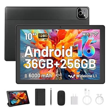 MUISOO Tablet de 10 Pulgadas, Android 16 Tablet con Teclado, Octa Core, 36GB RAM 256GB ROM (1TB TF Expand) Cámara 5MP + 8MP 6000mAh Tablets de PC Touch Pad con Stylus Ratón Auricular y Caja (Negro)