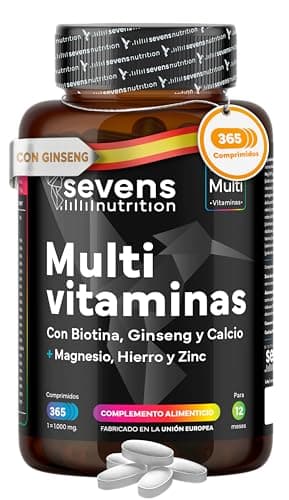 Vitaminas para el Cansancio con Magnesio y Ginseng - Multivitaminas para Hombre y Mujer -365 Comprimidos para 1 año de suministro - Complejo Multivitamínico Completo con Minerales y Ginseng- Sevens