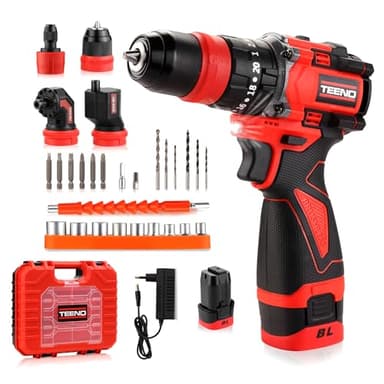 TEENO 18V Taladro Percutor a Batería Sin Escobillas, Kit de Destornillador Electrico, 20+3, Taladro Atornillador Bateria Max 45Nm, Adaptador desplazamiento, Mandril de sujeción rápida, LED