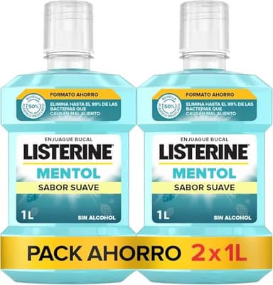 Listerine Mentol Sabor Suave (2 x 1 L), enjuague bucal con flúor y 0% alcohol, colutorio encías con 24 h de protección, enjuague bucal sin alcohol para un aliento fresco
