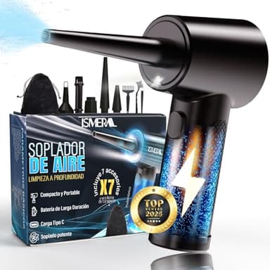 SÚPER Soplador De Aire PREMIUM ISMERAL® + Accesorios | Bateria 6000mAh | 100000RPM | Aire Comprimido Limpieza pc | Soplador de Aire Potente | Soplador de Aire Para PC | Pistola aire comprimido