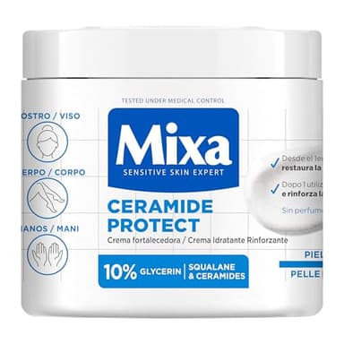 Mixa Crema Corporal Ceramide Protect para pieles muy secas con 10% de [Glicerina + Escualeno + Ceramidas]. Hidrata, fortalece y protege la barrera cutánea. 400 ml.