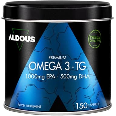 Omega 3 Capsulas Premium - 1000 mg EPA y 500 mg DHA - 150 Cápsulas - Alta Biodisponibilidad - 1500 mg Omega 3 - Aceite de Pescado en Forma de Triglicéridos - Tensión Arterial, Cerebro, Visión - Aldous