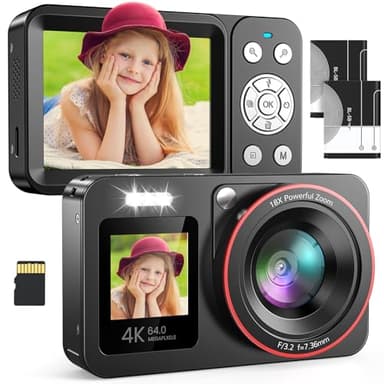 Cámara de Fotos Cámara Digital 4K 64MP FHD, Cámara Digital con Tarjeta de 64GB, Cámara Compacta Zoom 18X y 2 Baterías, Recargable Compacta Portátil Cámara para Niños Principiantes, Negro