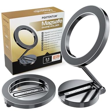 PORTENTUM Soporte Movil Coche Magsafe Plegable – con Potente Iman (20x N52) y Rotación 360° – para Salpicadero Oficina u Otras Superficies - Dark Grey