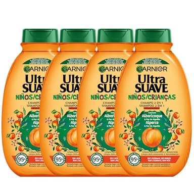 Garnier Ultra Suave, Champú 2 en 1 de Albaricoque y Flor de Algodón para Niños, Fácil de Desenredar, No Pica en Los Ojos, Sin Tirones, Pack 4x400ml