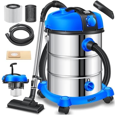 MASKO® Aspiradora industrial en seco y húmedo, de acero inoxidable, 2300 W, con enchufe, función de soplado, Push&Clean, con y sin bolsa, sin bolsa