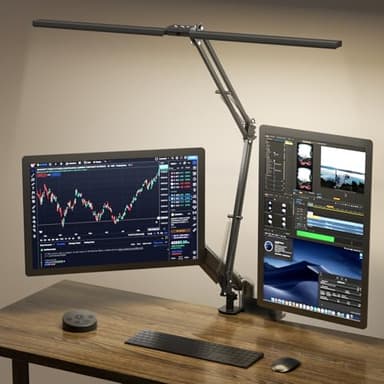 SKYLEO Lámpara LED Escritorio, ​Lámpara de Escritorio de Doble Cabezal con Clip, con Control Remoto, 2400 LM, 5 Modos de Temperatura de Color, Lámpara Escritorio Hogar, 24W, Negro