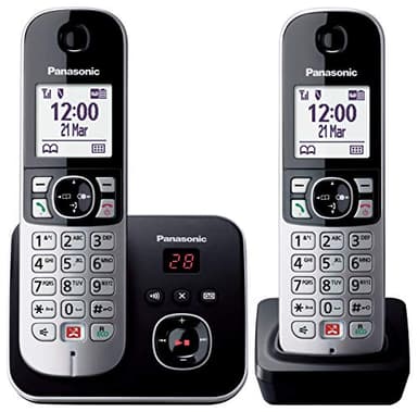 Panasonic KX-TG6862JTB - Teléfono inalámbrico digital con contestador telefónico digital, unidad base y 2 receptores, ID de llamada, bloqueo de llamadas, bloqueo de llamadas automáticas, pantalla LCD,