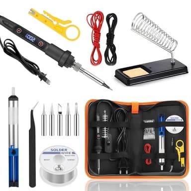 80W Soldador Estaño Kit 13 en 1 con Temperatura Ajustable 180-500°C, Soldador Profesional con 5 Puntas, Bomba Desoldadora, Soporte, Pinzas, Alambre para Soldar